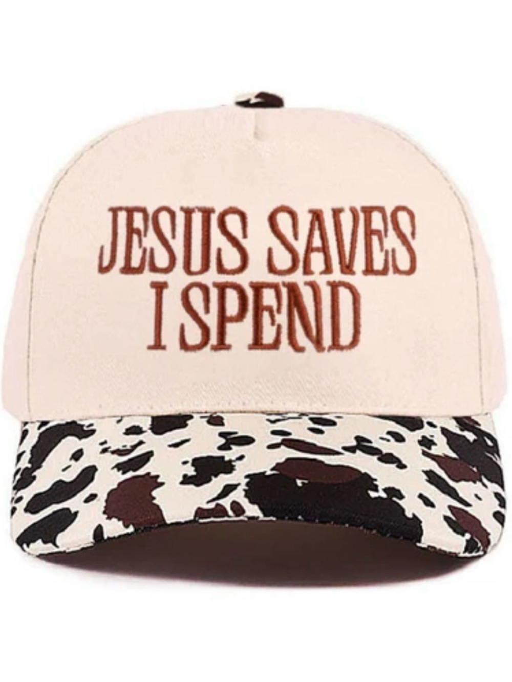 'Jesus Saves I Spend' Embroidered Trucker Cap - Pink & Brown Cow Print